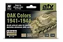 Vallejo Model Air DAK Colors 1941-1944 paint set packaging featuring a German tank model and six 17ml airbrush paint bottles.