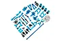 A collection of blue anodized aluminium RC car upgrade parts for Tamiya TT-01, including suspension arms, steering knuckles, drive shafts, and bearings.