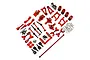 A collection of red anodized aluminium RC car upgrade parts for Tamiya TT-01, including suspension arms, steering knuckles, drive shafts, and shock absorbers.