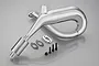 Rovan chrome tuned exhaust pipe for RC engines with included silencer, mounting bracket, gaskets, and hardware on a grey background.