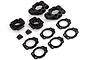 A set of black plastic RC rear hub components and shims for Rovan Baja models, arranged on a white background.