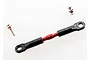 A red aluminium turnbuckle with black plastic rod ends and two separate metal pivot balls on a white background.