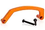 An orange anodized aluminium engine brace for a Rovan Baja RC car, shown with two black countersunk screws on a white background.