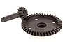 A Rovan 5IVE-T front helical differential gear set featuring a large bevel gear and a smaller pinion gear made of dark grey metal.