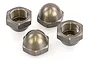 Four Rovan gunmetal aluminium serrated closed cap wheel nuts for RC cars, shown from top and bottom angles on a white background.