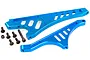 Rovan blue anodized aluminium front and rear chassis braces for 5IVE-T RC car with included mounting screws and hardware.