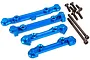 A set of four blue anodized aluminium suspension arm pin mounts for an RC car, accompanied by various black metal screws and bolts.