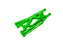 A bright green Traxxas X-Maxx heavy-duty lower suspension arm shown from an angled perspective against a white background.