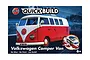Airfix Quickbuild Volkswagen Kombi Camper Van model kit box art showing a red and white VW bus on a road background.