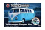 Airfix Quickbuild Volkswagen Camper Van model kit box art showing a blue and white VW Kombi van on a road background.