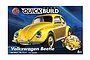 Airfix Quickbuild Volkswagen Beetle model kit packaging featuring a yellow Beetle car on a blue background.
