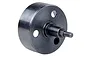 A black metal hexagonal clutch bell for an RC engine, showing the cylindrical housing, central shaft, and threaded end.