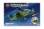 Airfix Quickbuild Apache helicopter model kit packaging showing a green military helicopter with shark teeth decal against a blue sky background.