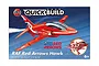 Airfix Quickbuild RAF Red Arrows Hawk model kit packaging showing the assembled red jet aircraft against a blue sky background.