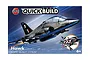 Airfix Quickbuild BAE Hawk Jet Trainer model kit packaging showing a black jet in flight against a blue sky background.