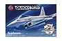Airfix Quickbuild Typhoon jet model kit packaging showing a grey fighter jet in flight against a blue sky background.