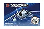 Airfix Quickbuild Harrier jet model kit packaging showing the assembled aircraft against a blue sky background.