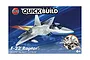 Airfix Quickbuild F-22 Raptor model kit packaging showing a grey fighter jet in flight against a blue sky background.