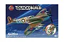 Airfix Quickbuild British Spitfire fighter model kit box art showing a finished model in flight and a small exploded view of the parts.
