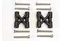Two black plastic bulkhead cross braces and four metal screws arranged on a white background.