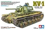 Box art for Tamiya 1/35 scale Russian KV-1 Model 1941 Early Production tank model kit, showing a detailed illustration of the green tank with a commander.