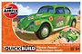 Airfix Quickbuild Volkswagen Beetle Flower Power model kit packaging showing a green car with hippie-style decals on a beach background.