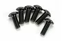 A set of six black metal button head screws with fine threads, arranged in a slight arc on a white background.