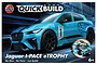 Airfix Quickbuild Jaguar I-Pace eTrophy model kit box art showing a blue racing car with black details and an inset image of the unassembled parts.
