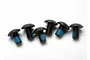 Six black metal button head screws with blue thread locker on the threads, arranged on a white background.