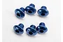 Six blue anodized aluminium button head screws with hex drive heads arranged on a white background.
