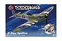 Airfix Quickbuild D-Day Spitfire model kit packaging showing a finished Spitfire aircraft against a blue sky background.