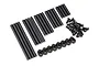 A set of hardened steel suspension pins, small screws, and mounting hardware for a Traxxas Maxx 4S RC vehicle, arranged on a white background.