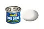 A 14ml tin of Revell Matte White Enamel Paint with a blue label and a white paint swatch next to it.