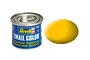 A 14ml tin of Revell Email Color matte yellow enamel paint next to a yellow paint swatch.