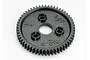 A black plastic 56-tooth spur gear for Traxxas RC vehicles, showing the 0.8 module pitch marking.
