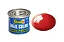 A 14ml tin of Revell Gloss Fiery Red enamel paint next to a glossy red paint swatch.