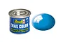 A 14ml tin of Revell Gloss Light Blue enamel paint next to a glossy blue paint sample swatch.