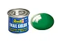 A 14ml tin of Revell Gloss Emerald Green enamel paint next to a glossy green paint swatch.