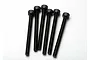 A set of six black metal cap head screws arranged vertically on a white background.