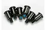 Six black metal Traxxas shoulder screws with blue thread locker on the threads, arranged on a white background.