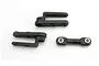 Two black plastic steering servo horns and one black plastic steering link with metal pivot balls on a white background.