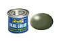 A 14ml tin of Revell Email Color enamel paint in Silk Olive Green, shown next to a circular swatch of the paint color.