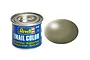 A 14ml tin of Revell Email Color enamel paint in Silk Greyish Green, shown next to a circular swatch of the paint color.
