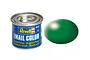 A 14ml tin of Revell Silk Leaf Green enamel paint next to a green paint swatch.