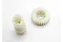 Two white plastic input gears for Traxxas RC vehicles, shown from top and side angles against a white background.
