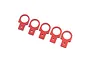 Five red anodized aluminium tow hook accessories for 1/10 scale RC cars arranged in a diagonal row on a white background.