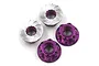 Four purple aluminium flanged serrated nuts for RC cars, shown from top and bottom angles on a white background.