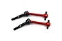 Two Yeah Racing red aluminium and black steel universal drive shafts for RC cars, shown against a white background.