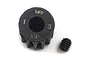 A black Yeah Racing 13T 32dp pinion gear with a grub screw on a white background.