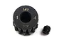 A black Yeah Racing 14T 32dp pinion gear with a matching grub screw on a white background.